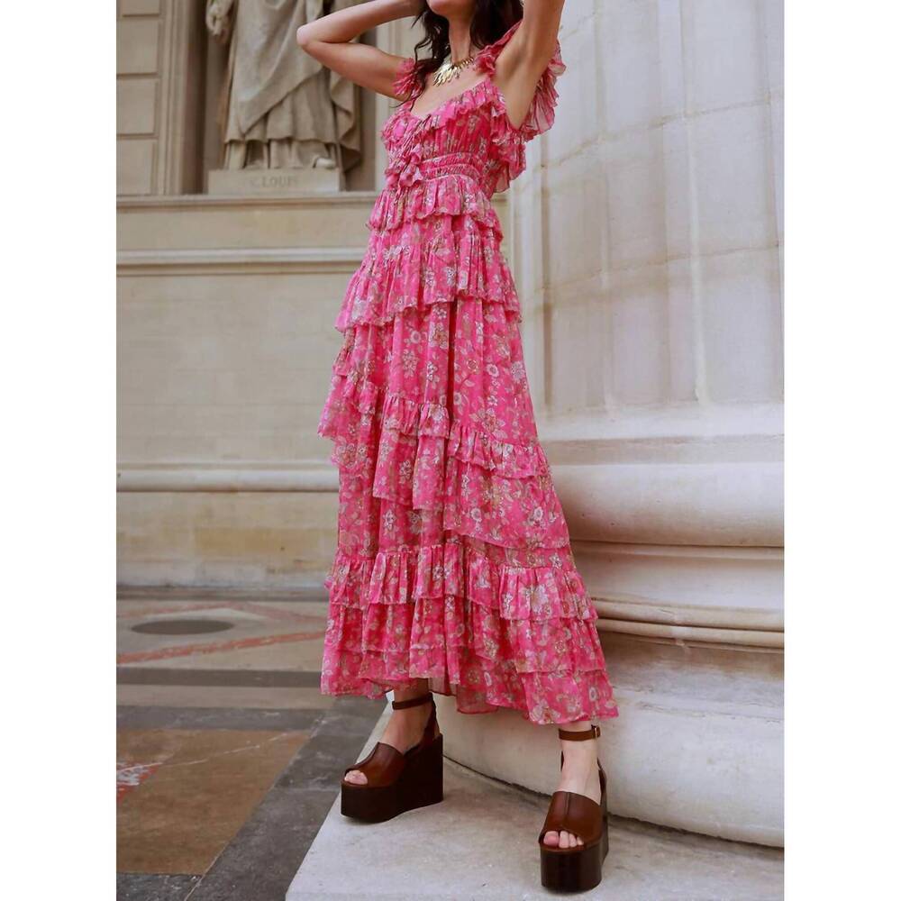 NEW STRAWBERRY PARIS corinne maxi dress in pink blue jay print